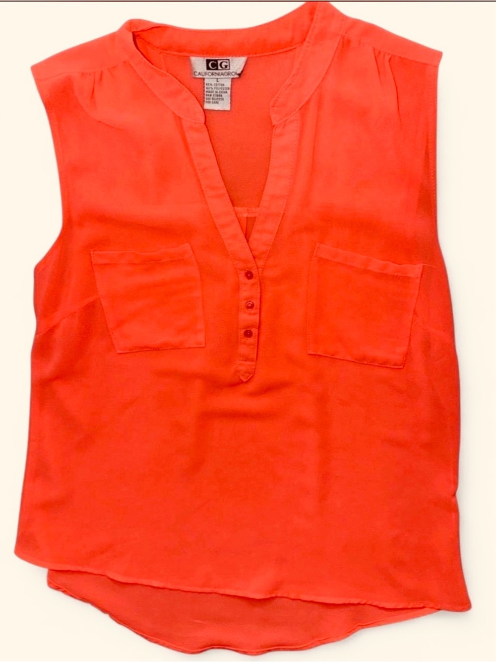 Neon Orange Sleeveless V-Neck Blouse
